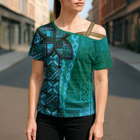 Samoan Pacific Tribal Flower Geometric Art Tattoos Cross Shoulder Shirt Siapo Pattern Turquoise Tide - Polynesian Pride