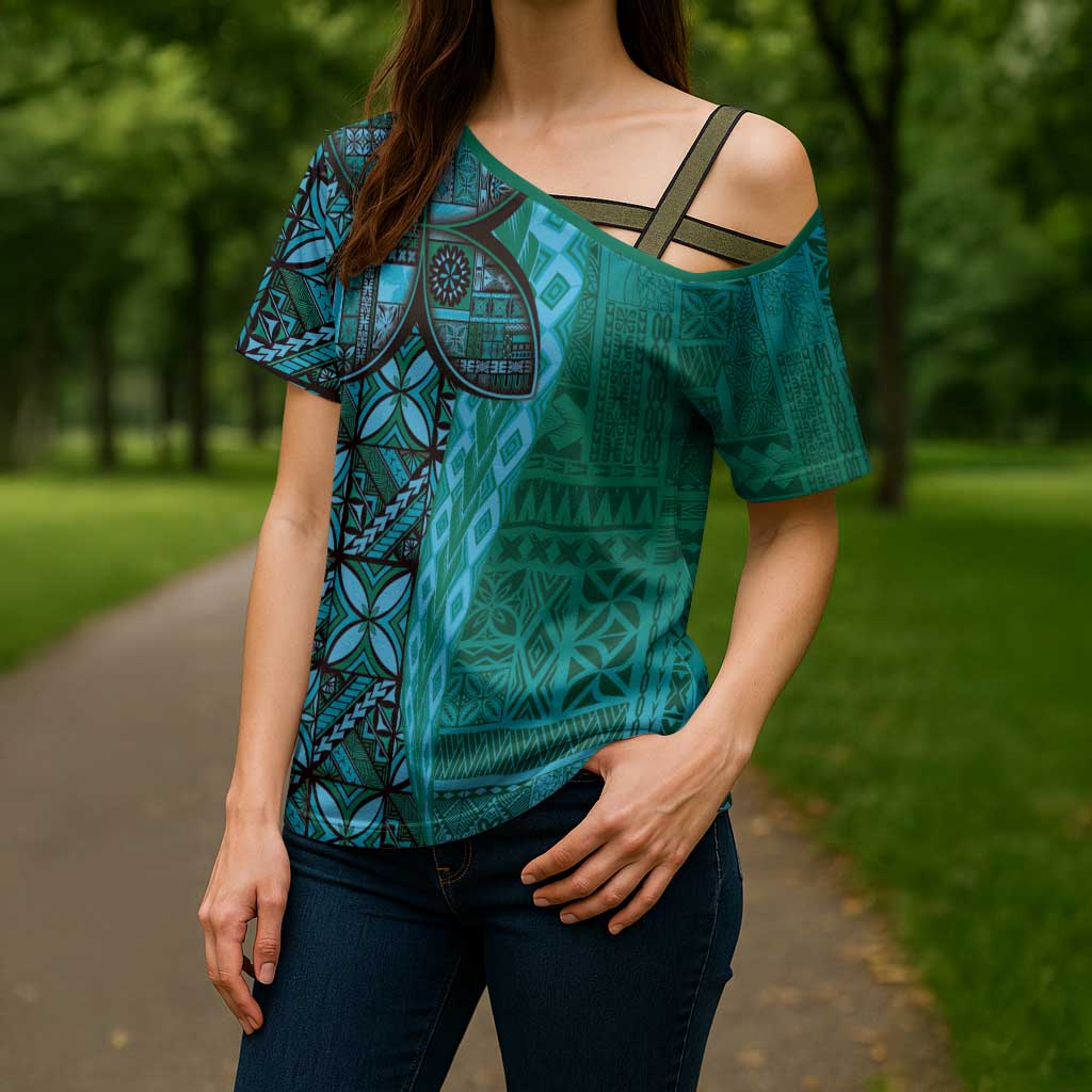 Samoan Pacific Tribal Flower Geometric Art Tattoos Cross Shoulder Shirt Siapo Pattern Turquoise Tide - Polynesian Pride