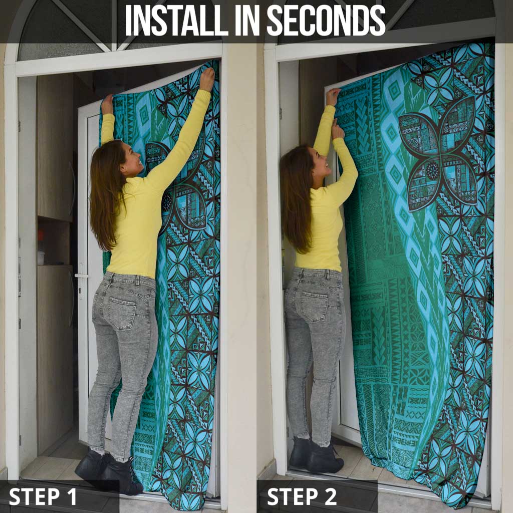 Samoan Pacific Tribal Flower Geometric Art Tattoos Door Cover Siapo Pattern Turquoise Tide - Polynesian Pride