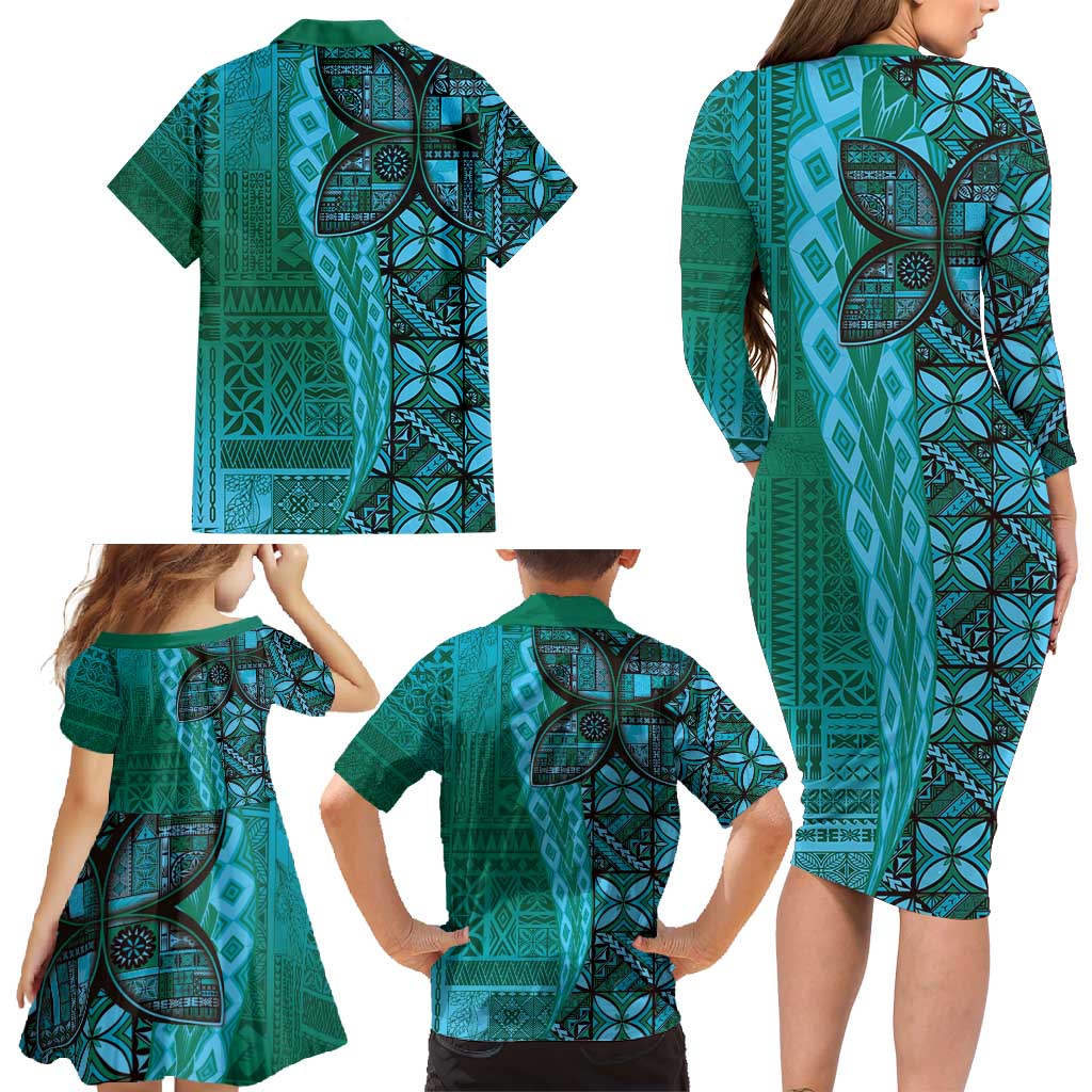 Samoan Pacific Tribal Flower Geometric Art Tattoos Family Matching Long Sleeve Bodycon Dress and Hawaiian Shirt Siapo Pattern Turquoise Tide LT03 - Polynesian Pride