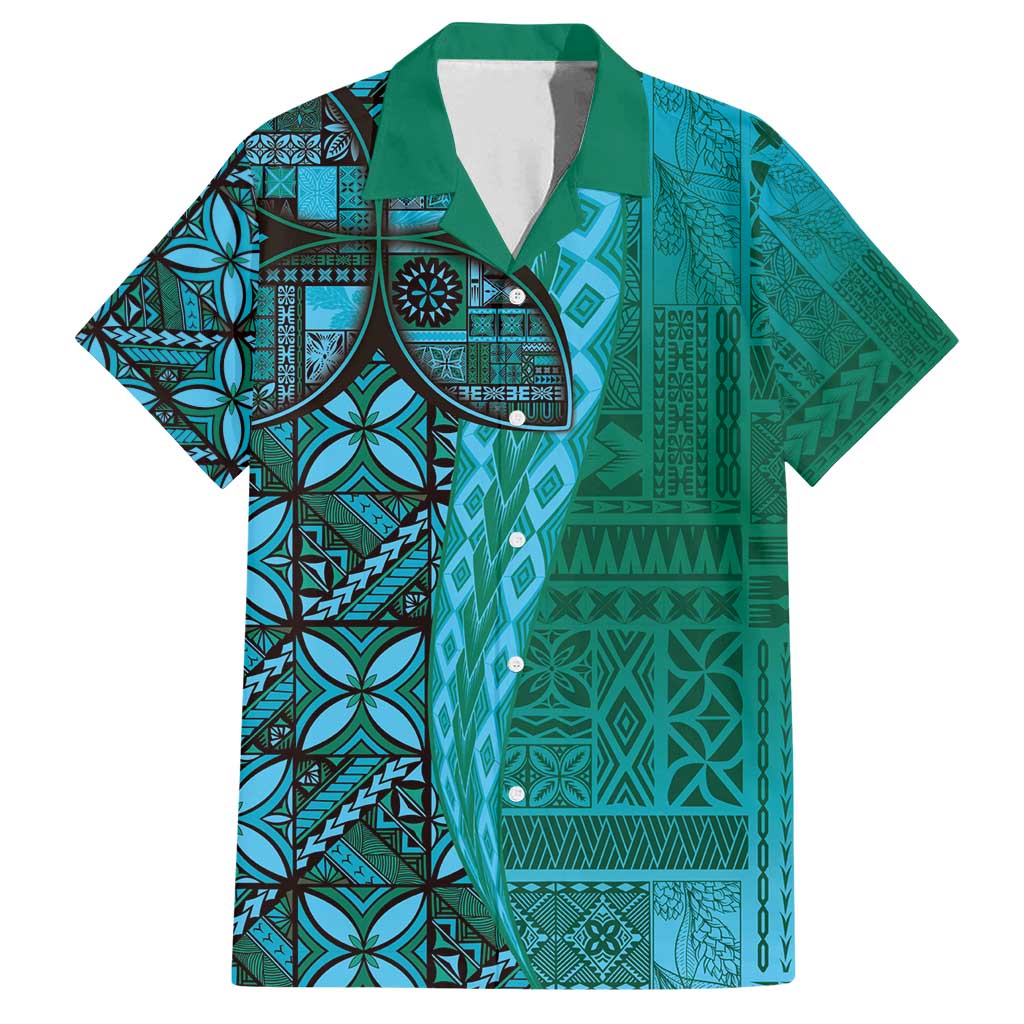 Samoan Pacific Tribal Flower Geometric Art Tattoos Family Matching Long Sleeve Bodycon Dress and Hawaiian Shirt Siapo Pattern Turquoise Tide LT03 Dad's Shirt - Short Sleeve Turquoise - Polynesian Pride
