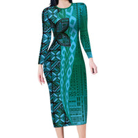 Samoan Pacific Tribal Flower Geometric Art Tattoos Family Matching Long Sleeve Bodycon Dress and Hawaiian Shirt Siapo Pattern Turquoise Tide LT03 Mom's Dress Turquoise - Polynesian Pride