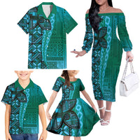 Samoan Pacific Tribal Flower Geometric Art Tattoos Family Matching Off The Shoulder Long Sleeve Dress and Hawaiian Shirt Siapo Pattern Turquoise Tide LT03 - Polynesian Pride