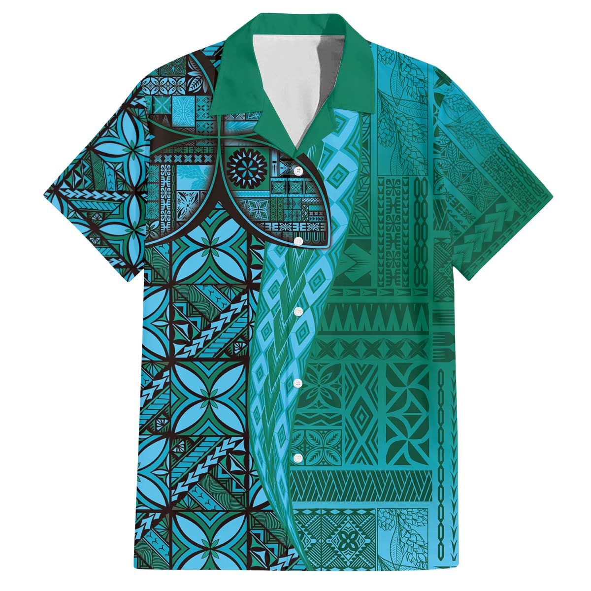 Samoan Pacific Tribal Flower Geometric Art Tattoos Family Matching Off The Shoulder Long Sleeve Dress and Hawaiian Shirt Siapo Pattern Turquoise Tide LT03 Dad's Shirt - Short Sleeve Turquoise - Polynesian Pride