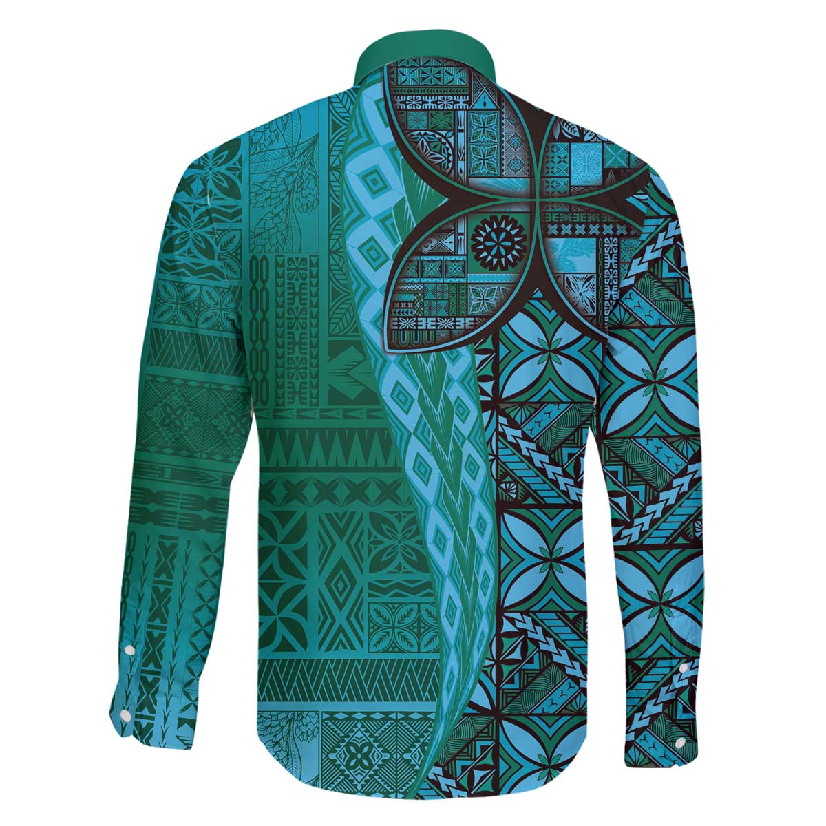 Samoan Pacific Tribal Flower Geometric Art Tattoos Family Matching Off The Shoulder Long Sleeve Dress and Hawaiian Shirt Siapo Pattern Turquoise Tide LT03 - Polynesian Pride