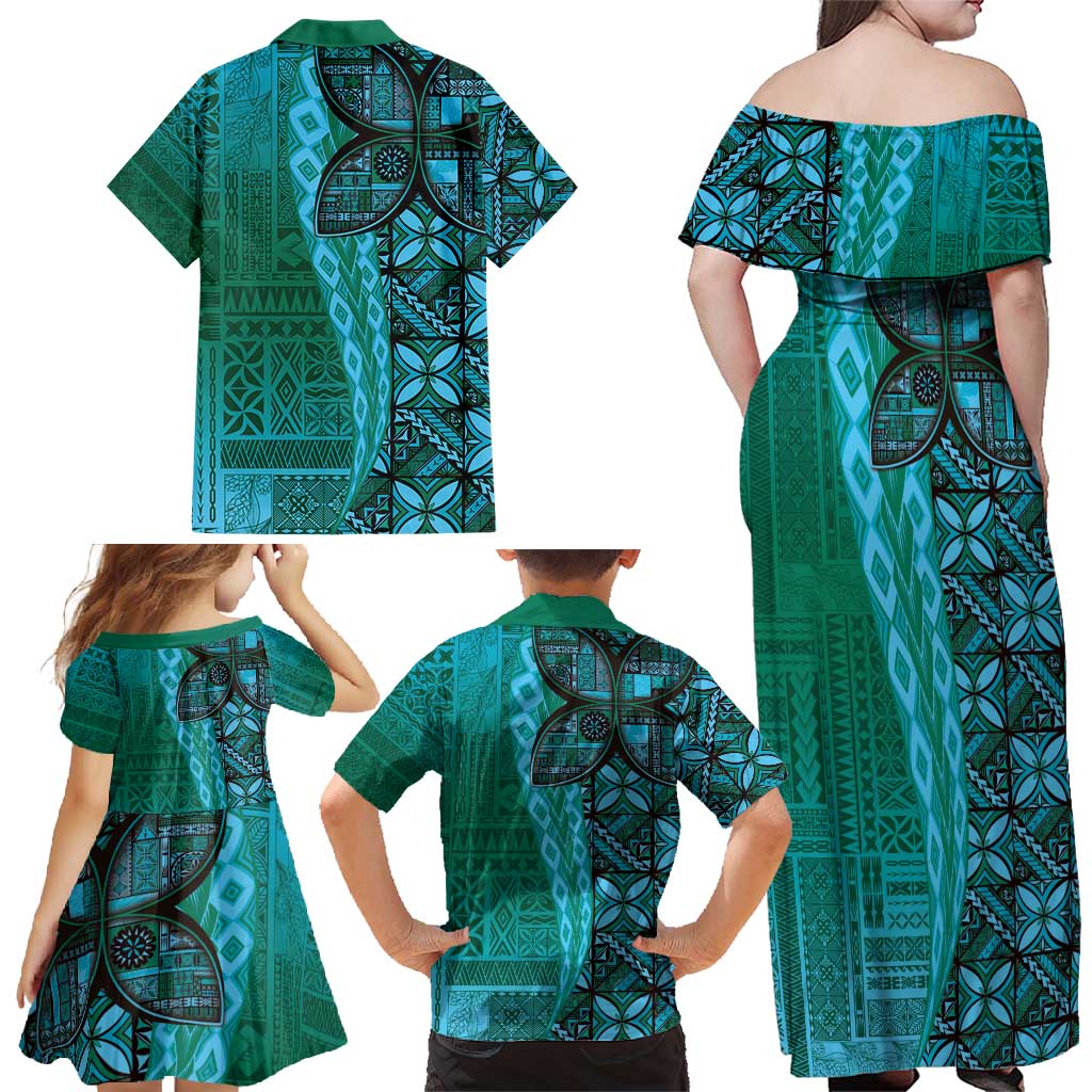 Samoan Pacific Tribal Flower Geometric Art Tattoos Family Matching Off Shoulder Maxi Dress and Hawaiian Shirt Siapo Pattern Turquoise Tide LT03 - Polynesian Pride