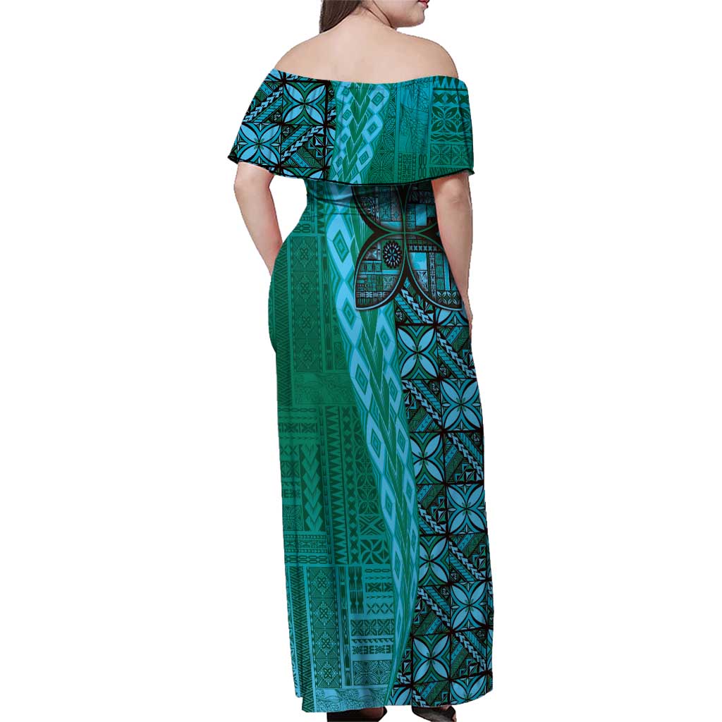 Samoan Pacific Tribal Flower Geometric Art Tattoos Family Matching Off Shoulder Maxi Dress and Hawaiian Shirt Siapo Pattern Turquoise Tide LT03 - Polynesian Pride