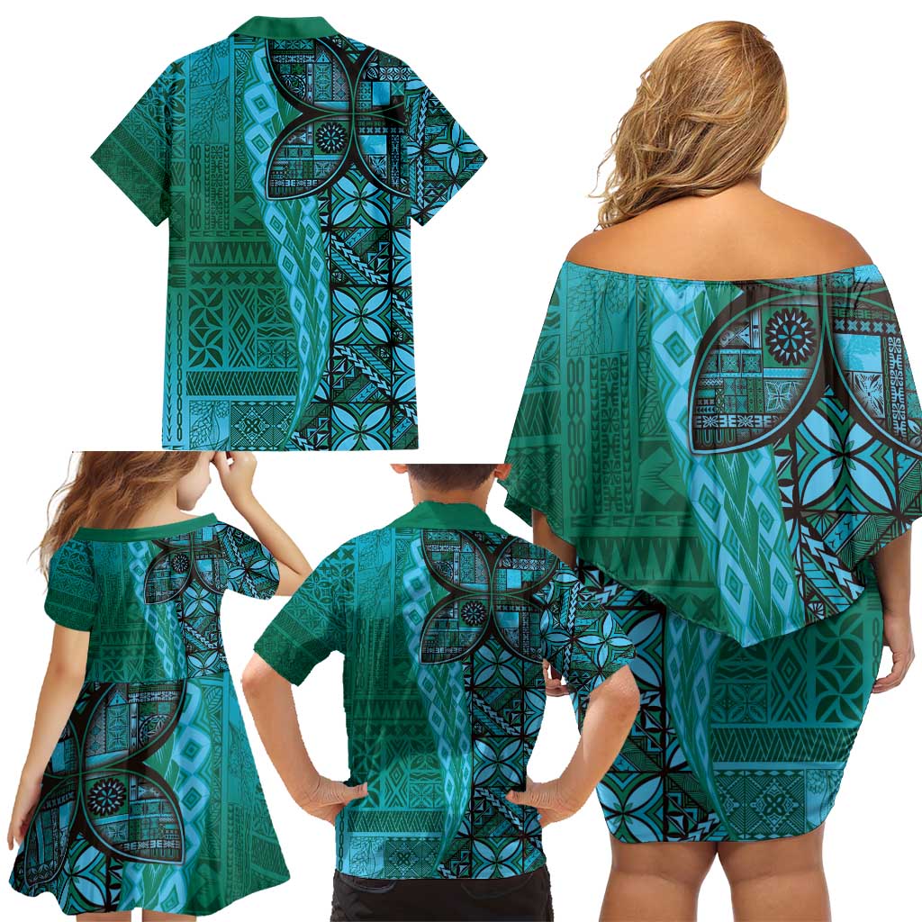 Samoan Pacific Tribal Flower Geometric Art Tattoos Family Matching Off Shoulder Short Dress and Hawaiian Shirt Siapo Pattern Turquoise Tide LT03 - Polynesian Pride