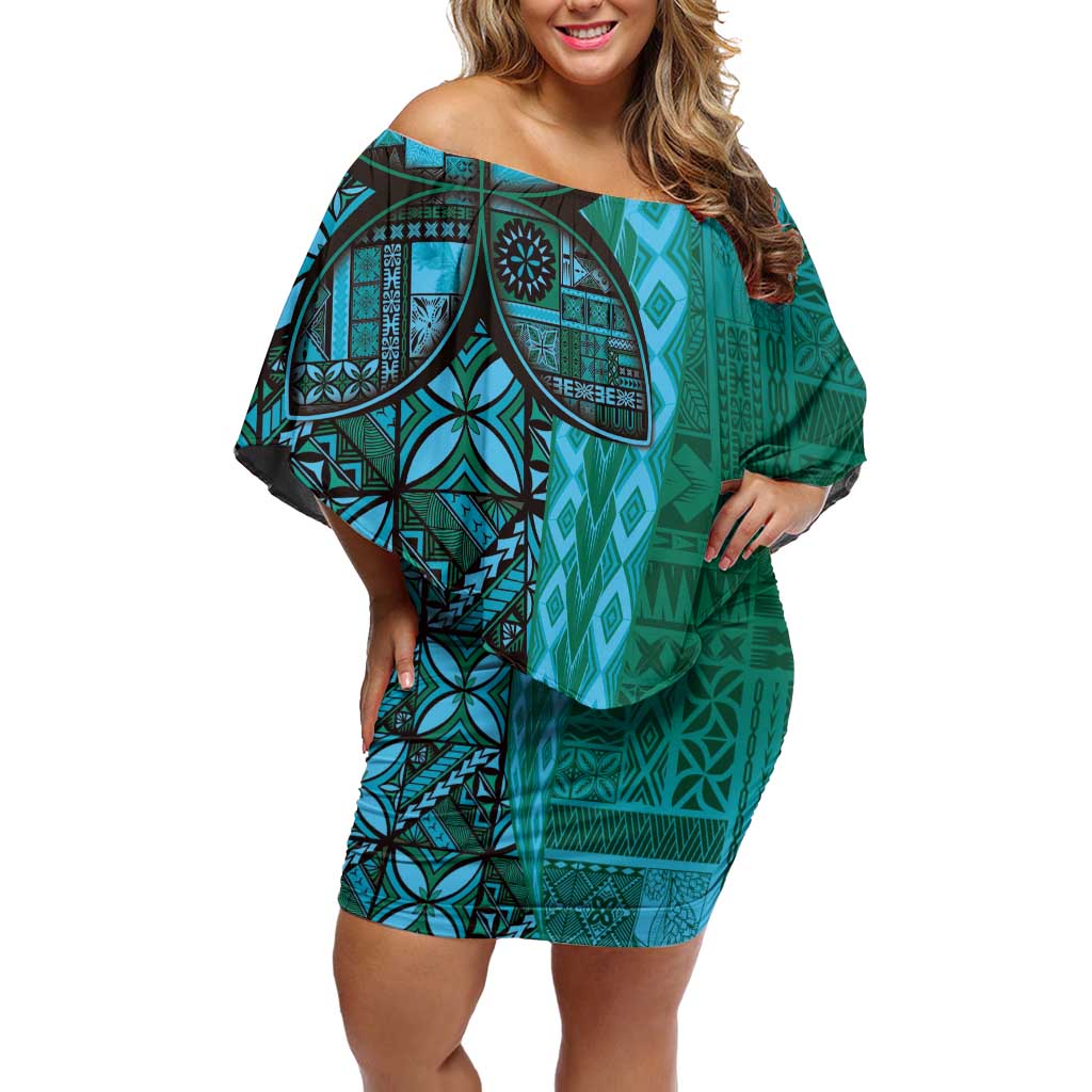Samoan Pacific Tribal Flower Geometric Art Tattoos Family Matching Off Shoulder Short Dress and Hawaiian Shirt Siapo Pattern Turquoise Tide LT03 Mom's Dress Turquoise - Polynesian Pride