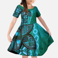 Samoan Pacific Tribal Flower Geometric Art Tattoos Family Matching Puletasi and Hawaiian Shirt Siapo Pattern Turquoise Tide LT03 Daughter's Dress Turquoise - Polynesian Pride