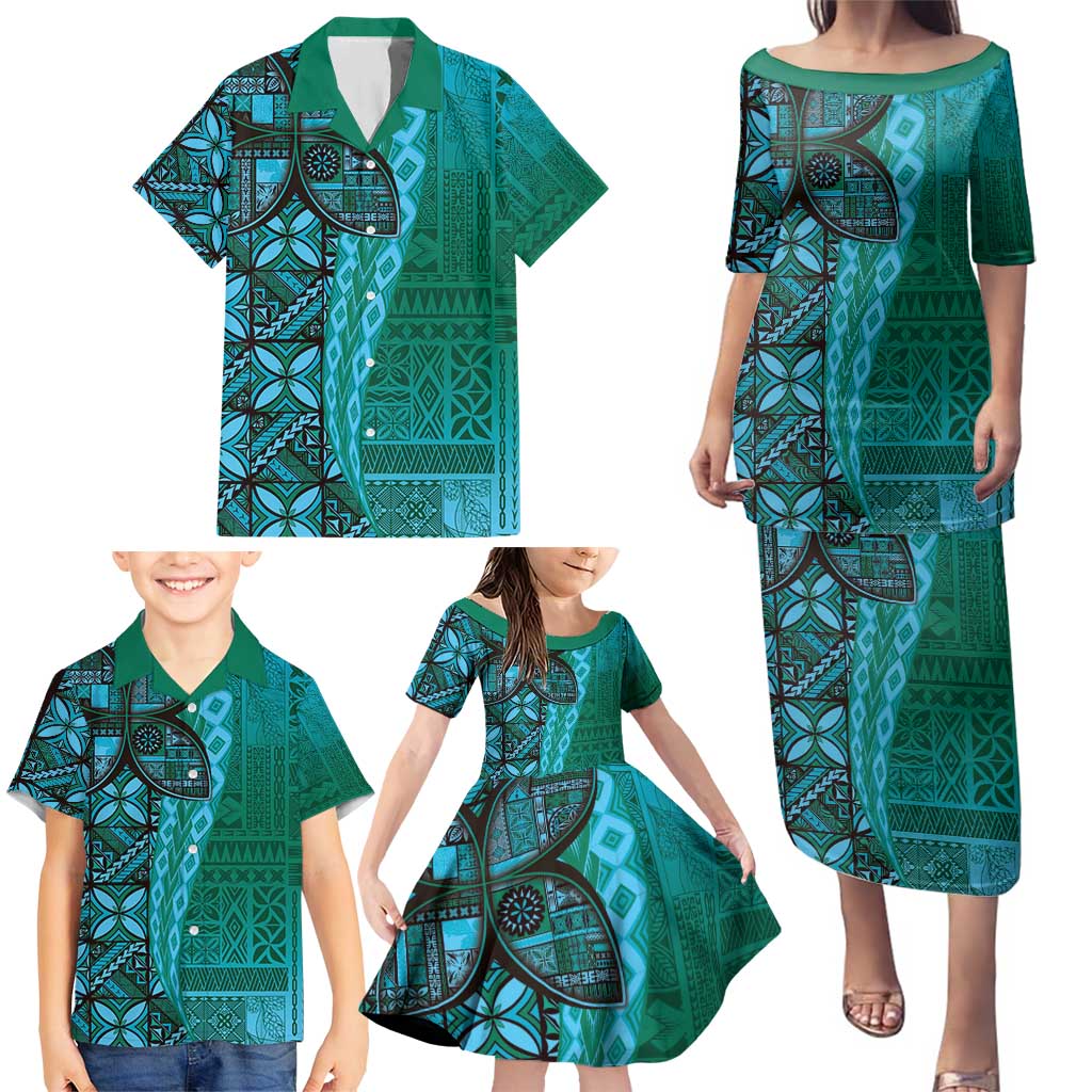 Samoan Pacific Tribal Flower Geometric Art Tattoos Family Matching Puletasi and Hawaiian Shirt Siapo Pattern Turquoise Tide LT03 - Polynesian Pride