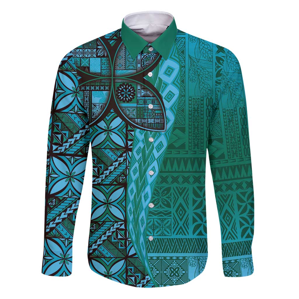 Samoan Pacific Tribal Flower Geometric Art Tattoos Family Matching Puletasi and Hawaiian Shirt Siapo Pattern Turquoise Tide LT03 Dad's Shirt - Long Sleeve Turquoise - Polynesian Pride