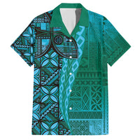 Samoan Pacific Tribal Flower Geometric Art Tattoos Family Matching Short Sleeve Bodycon Dress and Hawaiian Shirt Siapo Pattern Turquoise Tide LT03 Dad's Shirt - Short Sleeve Turquoise - Polynesian Pride