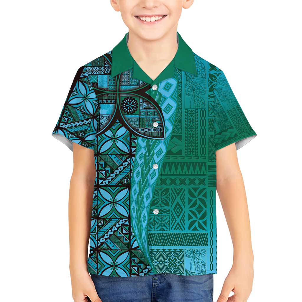 Samoan Pacific Tribal Flower Geometric Art Tattoos Family Matching Short Sleeve Bodycon Dress and Hawaiian Shirt Siapo Pattern Turquoise Tide LT03 Son's Shirt Turquoise - Polynesian Pride