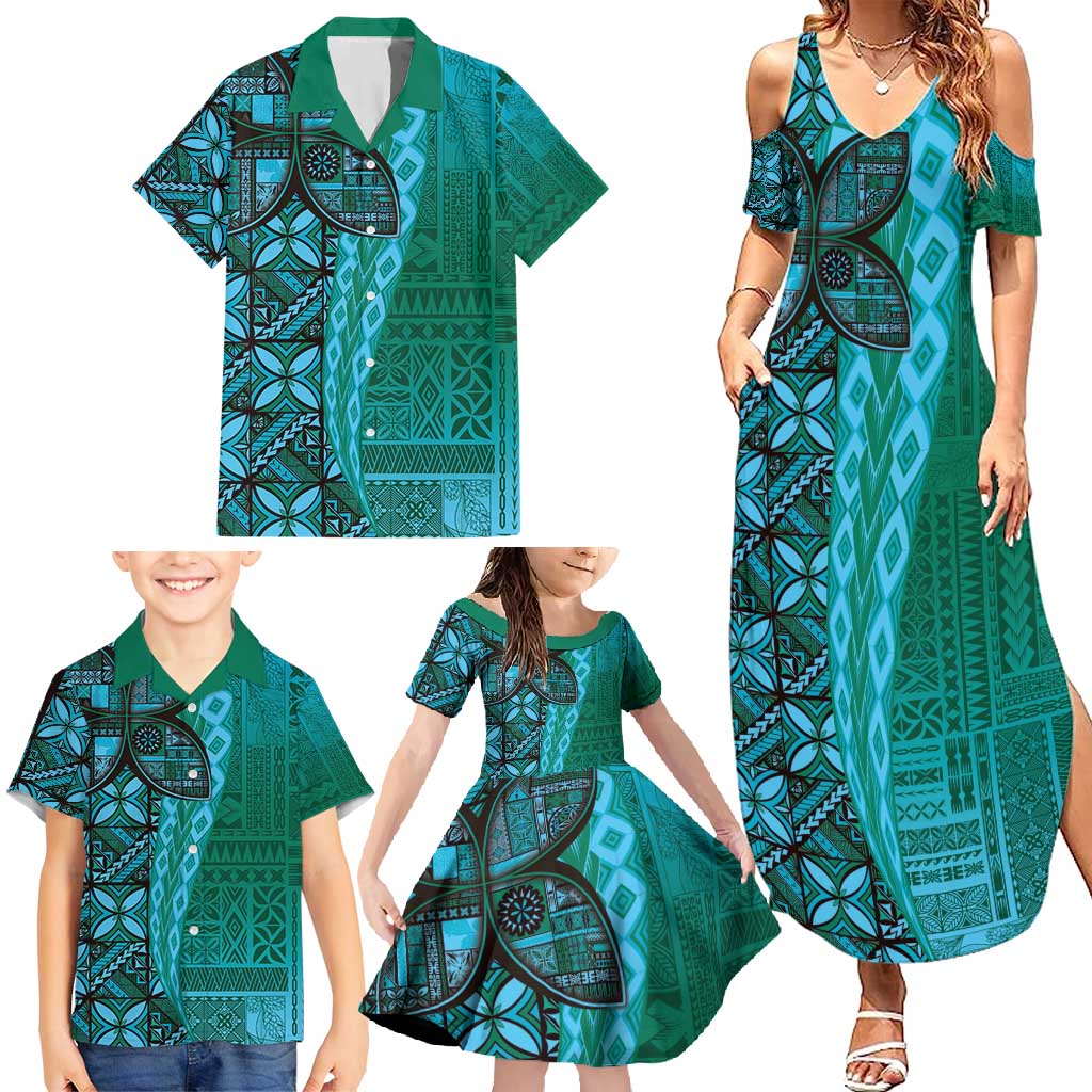 Samoan Pacific Tribal Flower Geometric Art Tattoos Family Matching Summer Maxi Dress and Hawaiian Shirt Siapo Pattern Turquoise Tide LT03 - Polynesian Pride