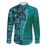Samoan Pacific Tribal Flower Geometric Art Tattoos Family Matching Summer Maxi Dress and Hawaiian Shirt Siapo Pattern Turquoise Tide LT03 Dad's Shirt - Long Sleeve Turquoise - Polynesian Pride
