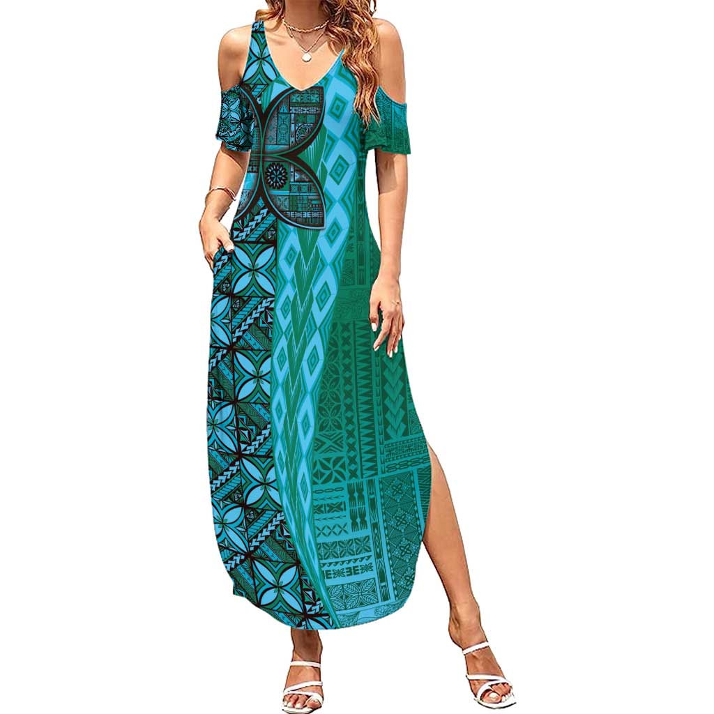 Samoan Pacific Tribal Flower Geometric Art Tattoos Family Matching Summer Maxi Dress and Hawaiian Shirt Siapo Pattern Turquoise Tide LT03 Mom's Dress Turquoise - Polynesian Pride
