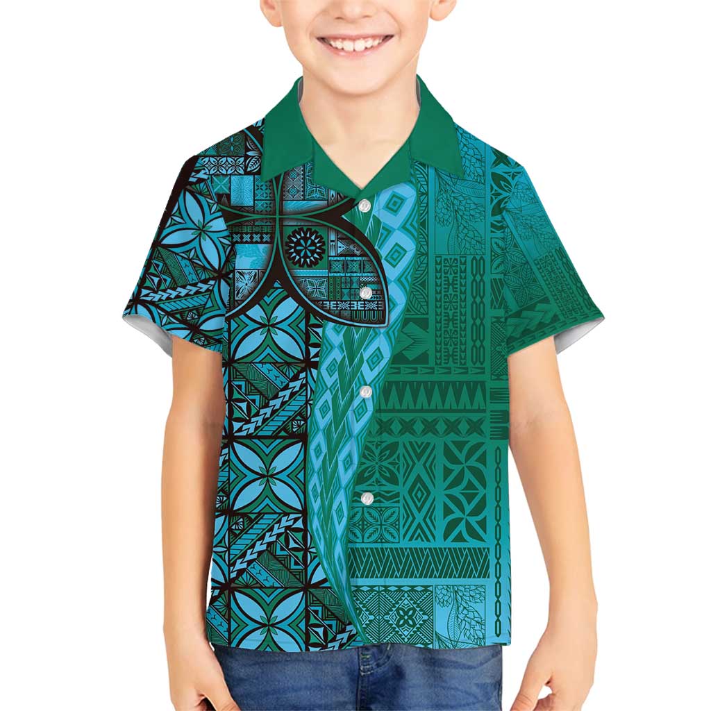 Samoan Pacific Tribal Flower Geometric Art Tattoos Family Matching Summer Maxi Dress and Hawaiian Shirt Siapo Pattern Turquoise Tide LT03 Son's Shirt Turquoise - Polynesian Pride