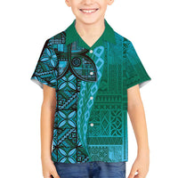 Samoan Pacific Tribal Flower Geometric Art Tattoos Family Matching Summer Maxi Dress and Hawaiian Shirt Siapo Pattern Turquoise Tide LT03 Son's Shirt Turquoise - Polynesian Pride