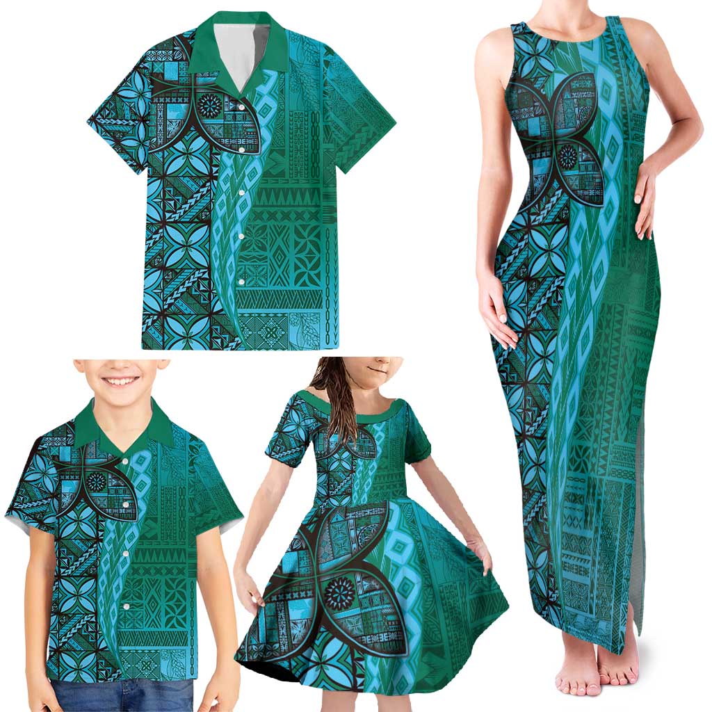Samoan Pacific Tribal Flower Geometric Art Tattoos Family Matching Tank Maxi Dress and Hawaiian Shirt Siapo Pattern Turquoise Tide LT03 - Polynesian Pride