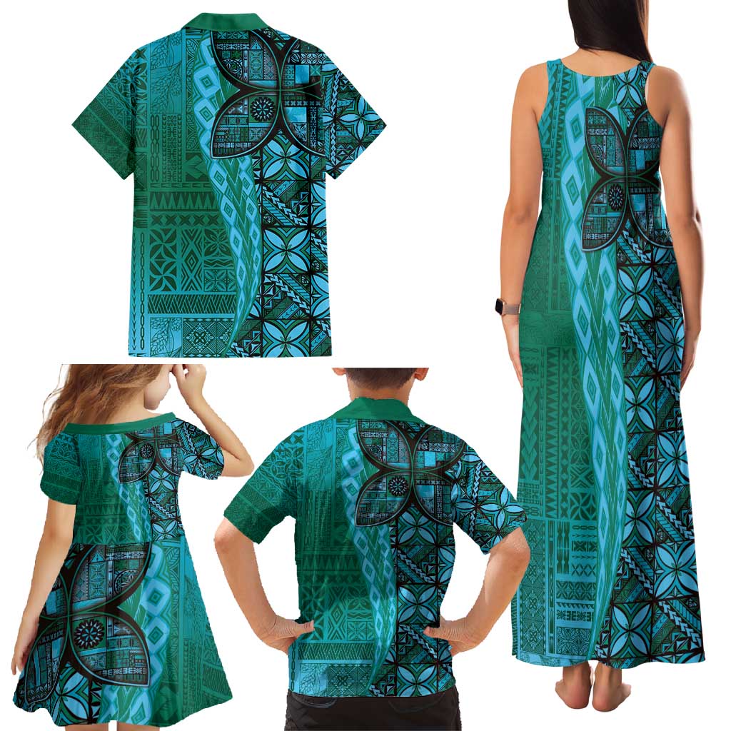 Samoan Pacific Tribal Flower Geometric Art Tattoos Family Matching Tank Maxi Dress and Hawaiian Shirt Siapo Pattern Turquoise Tide LT03 - Polynesian Pride