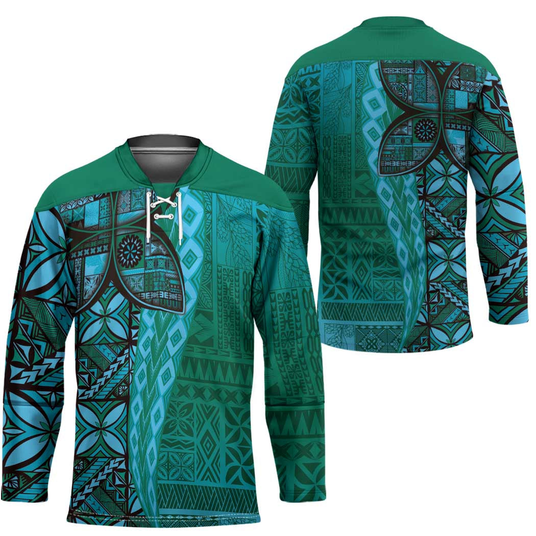 Samoan Pacific Tribal Flower Geometric Art Tattoos Hockey Jersey Siapo Pattern Turquoise Tide - Polynesian Pride