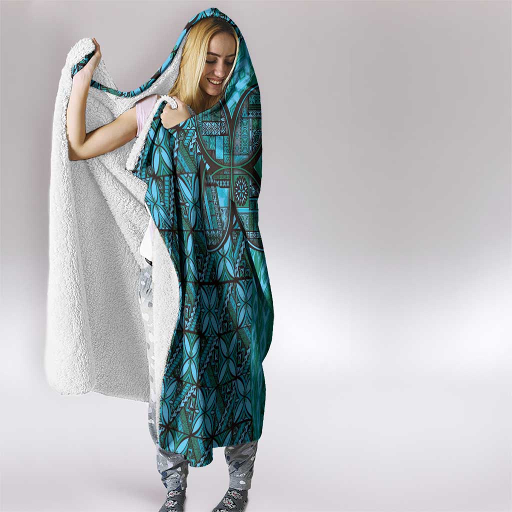Samoan Pacific Tribal Flower Geometric Art Tattoos Hooded Blanket Siapo Pattern Turquoise Tide - Polynesian Pride