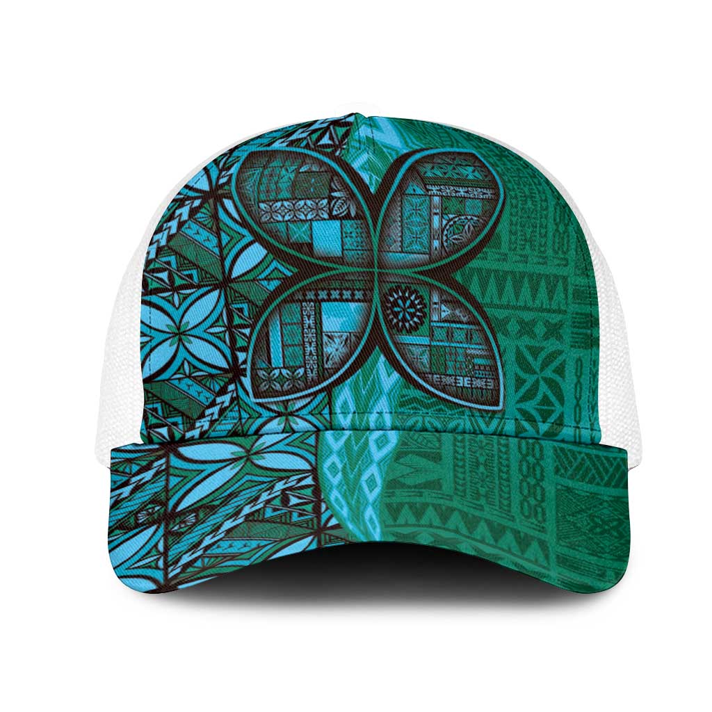 Samoan Pacific Tribal Flower Geometric Art Tattoos Mesh Trucker Cap Siapo Pattern Turquoise Tide - Polynesian Pride