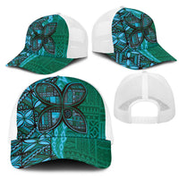 Samoan Pacific Tribal Flower Geometric Art Tattoos Mesh Trucker Cap Siapo Pattern Turquoise Tide - Polynesian Pride