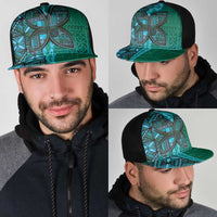 Samoan Pacific Tribal Flower Geometric Art Tattoos Mesh Trucker Cap Siapo Pattern Turquoise Tide - Polynesian Pride