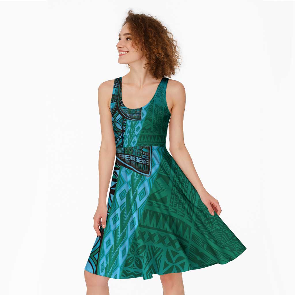 Samoan Pacific Tribal Flower Geometric Art Tattoos Midi Dress Siapo Pattern Turquoise Tide - Polynesian Pride