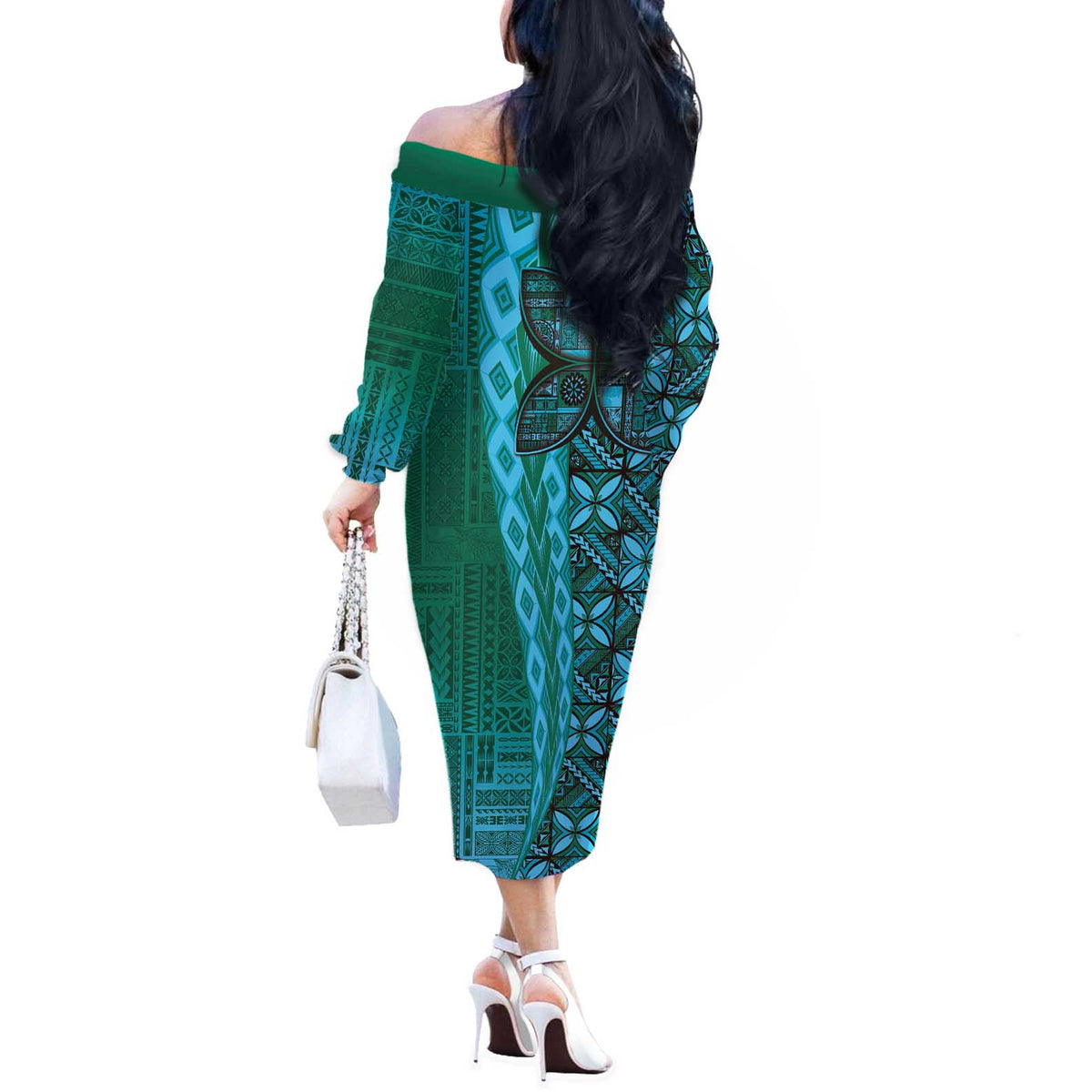 Samoan Pacific Tribal Flower Geometric Art Tattoos Off The Shoulder Long Sleeve Dress Siapo Pattern Turquoise Tide LT03 - Polynesian Pride