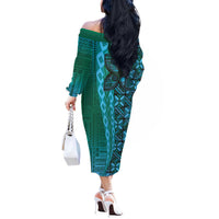 Samoan Pacific Tribal Flower Geometric Art Tattoos Off The Shoulder Long Sleeve Dress Siapo Pattern Turquoise Tide LT03 - Polynesian Pride