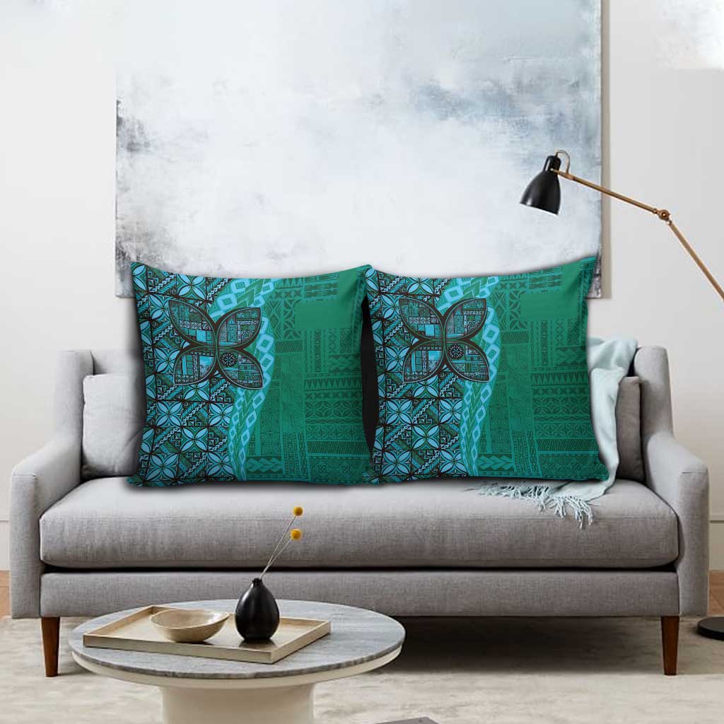 Samoan Pacific Tribal Flower Geometric Art Tattoos Pillow Cover Siapo Pattern Turquoise Tide - Polynesian Pride