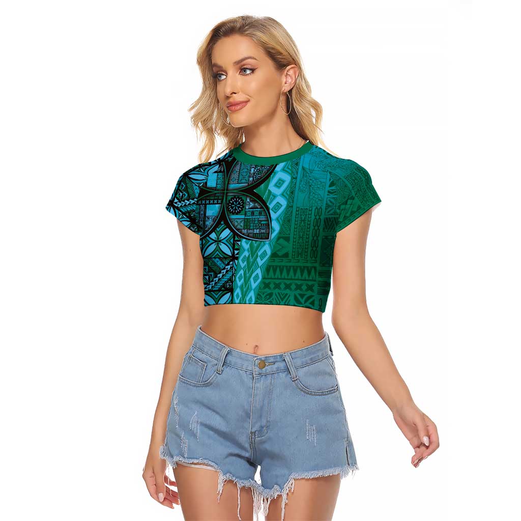 Samoan Pacific Tribal Flower Geometric Art Tattoos Raglan Cropped T Shirt Siapo Pattern Turquoise Tide - Polynesian Pride