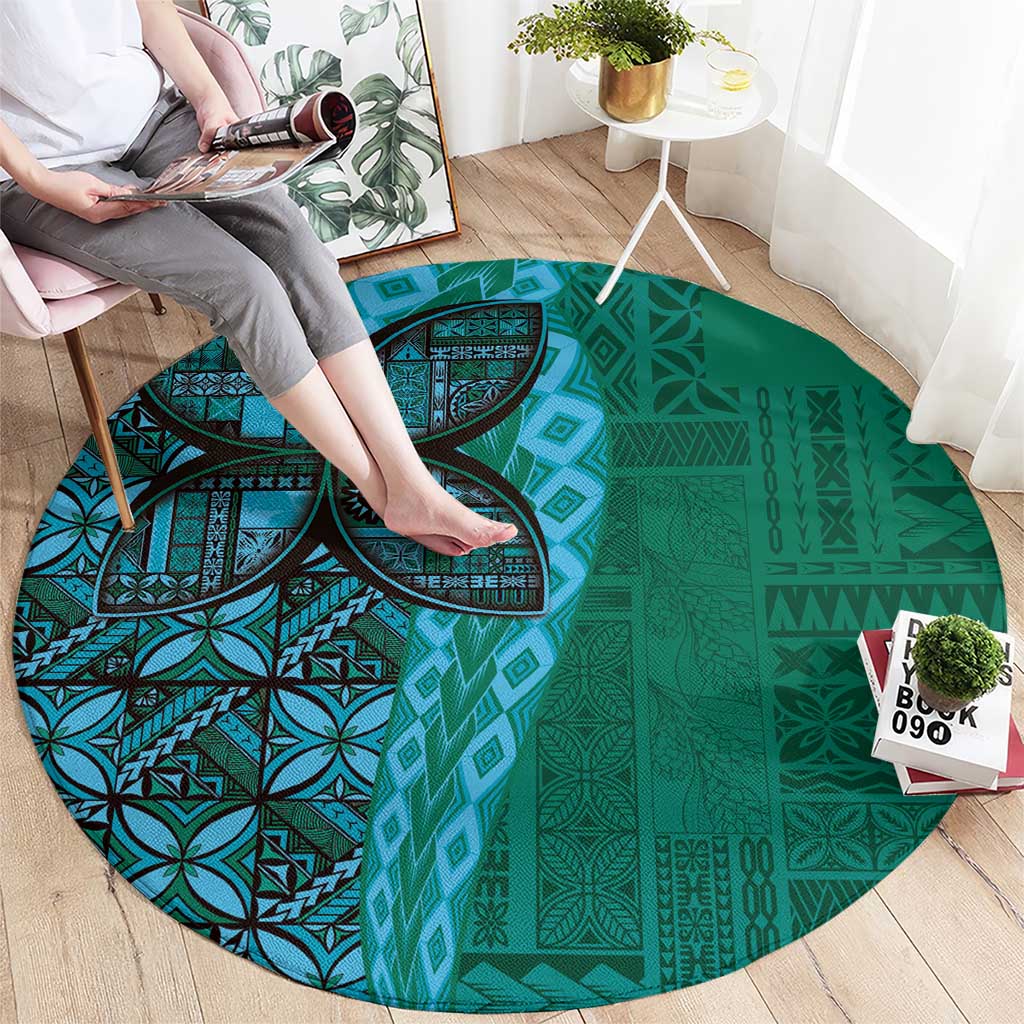 Samoan Pacific Tribal Flower Geometric Art Tattoos Round Carpet Siapo Pattern Turquoise Tide - Polynesian Pride