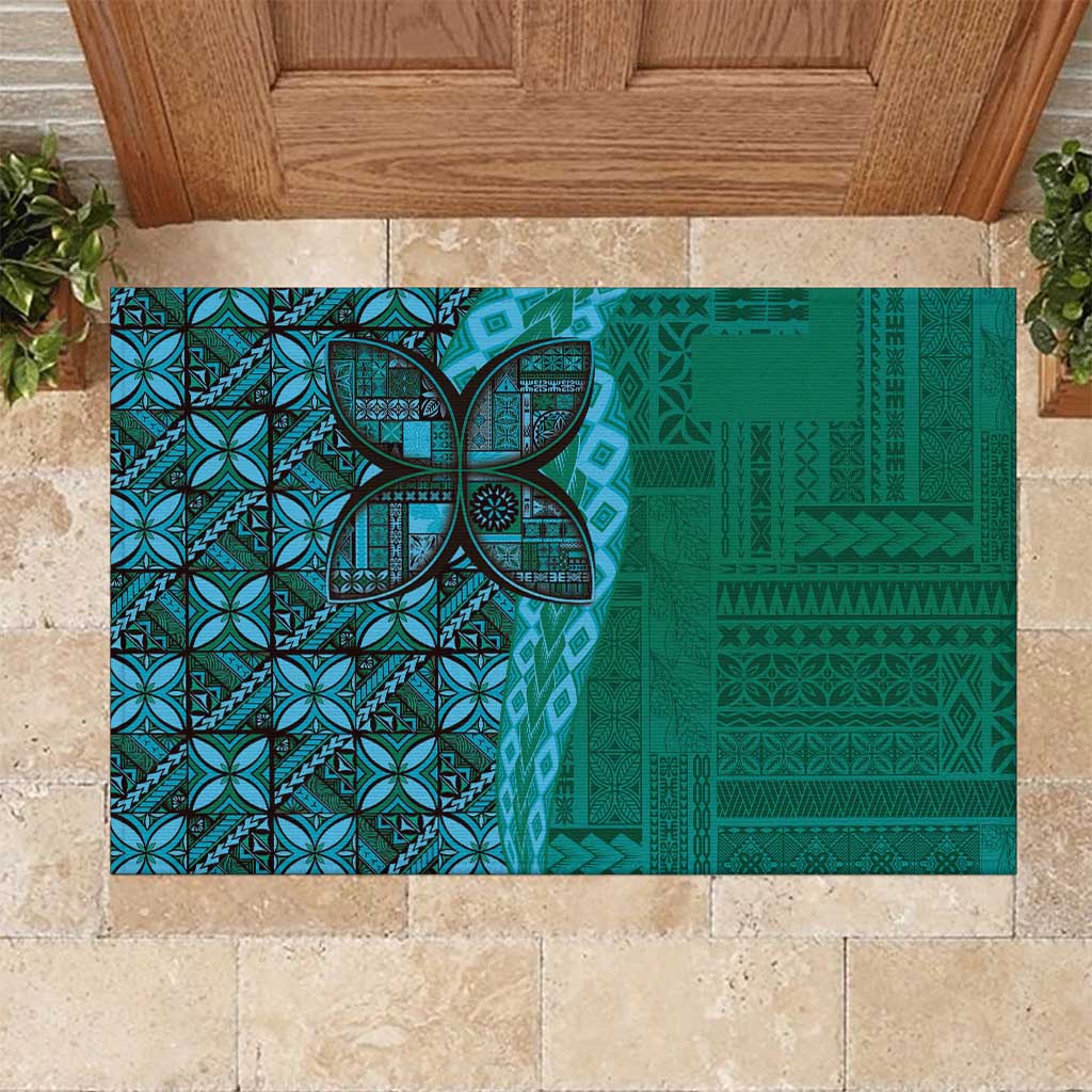 Samoan Pacific Tribal Flower Geometric Art Tattoos Rubber Doormat Siapo Pattern Turquoise Tide LT03 Turquoise - Polynesian Pride