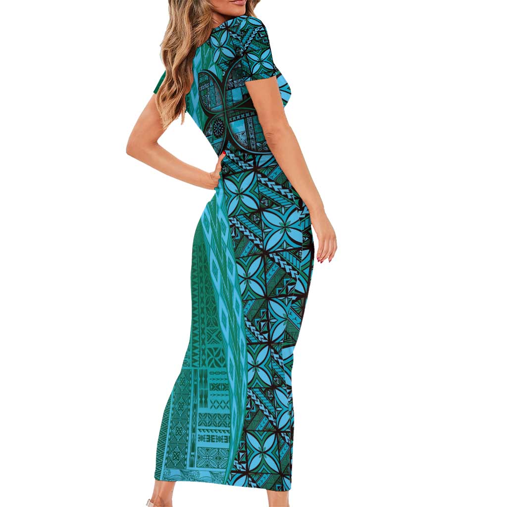 Samoan Pacific Tribal Flower Geometric Art Tattoos Short Sleeve Bodycon Dress Siapo Pattern Turquoise Tide - Polynesian Pride