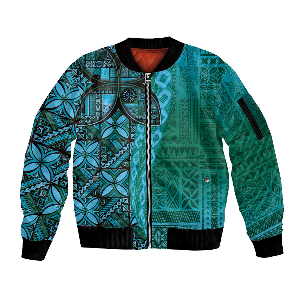Samoan Pacific Tribal Flower Geometric Art Tattoos Sleeve Zip Bomber Jacket Siapo Pattern Turquoise Tide LT03 Unisex Turquoise - Polynesian Pride