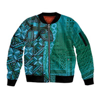 Samoan Pacific Tribal Flower Geometric Art Tattoos Sleeve Zip Bomber Jacket Siapo Pattern Turquoise Tide LT03 Unisex Turquoise - Polynesian Pride