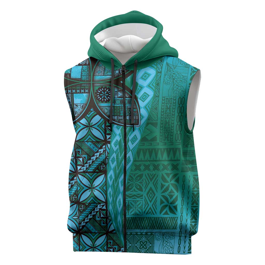 Samoan Pacific Tribal Flower Geometric Art Tattoos Sleeveless Zip Hoodie Siapo Pattern Turquoise Tide - Polynesian Pride