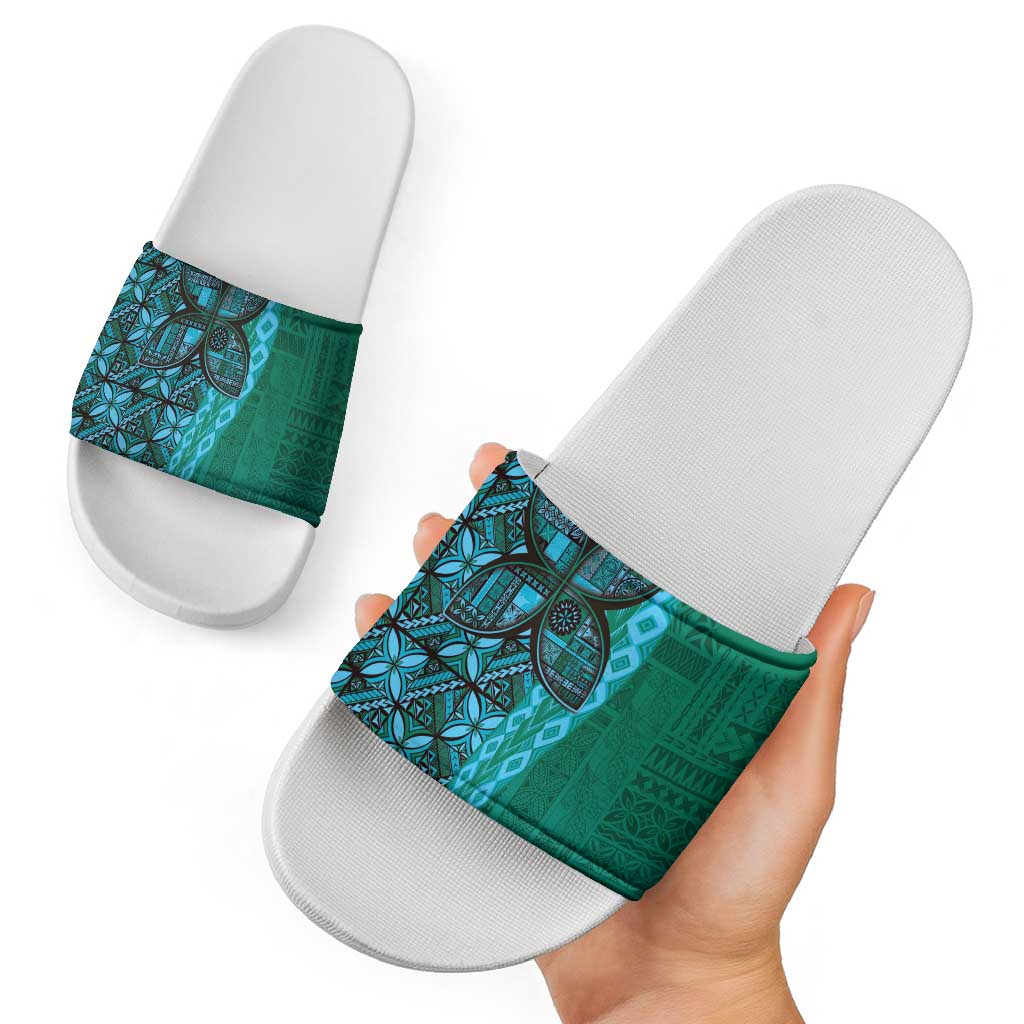 Samoan Pacific Tribal Flower Geometric Art Tattoos Slide Sandals Siapo Pattern Turquoise Tide - Polynesian Pride