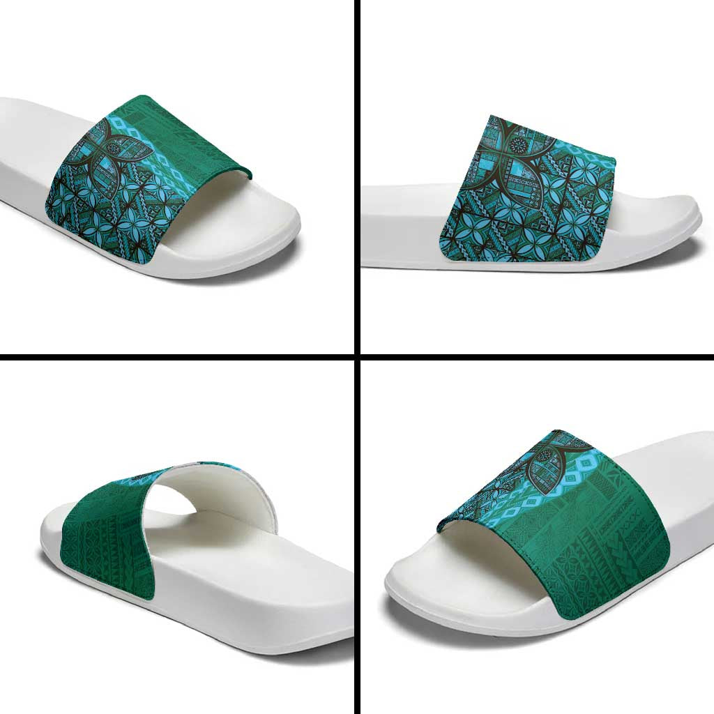 Samoan Pacific Tribal Flower Geometric Art Tattoos Slide Sandals Siapo Pattern Turquoise Tide - Polynesian Pride