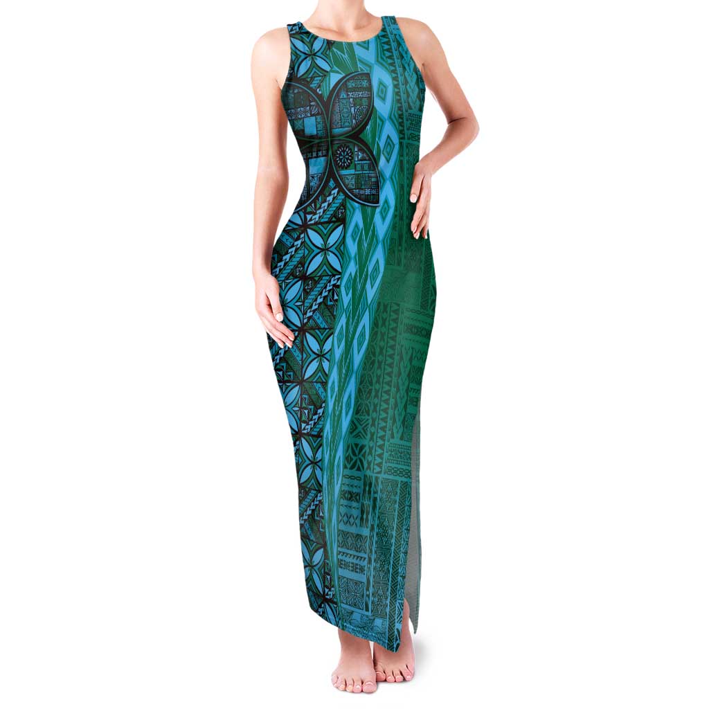 Samoan Pacific Tribal Flower Geometric Art Tattoos Tank Maxi Dress Siapo Pattern Turquoise Tide - Polynesian Pride