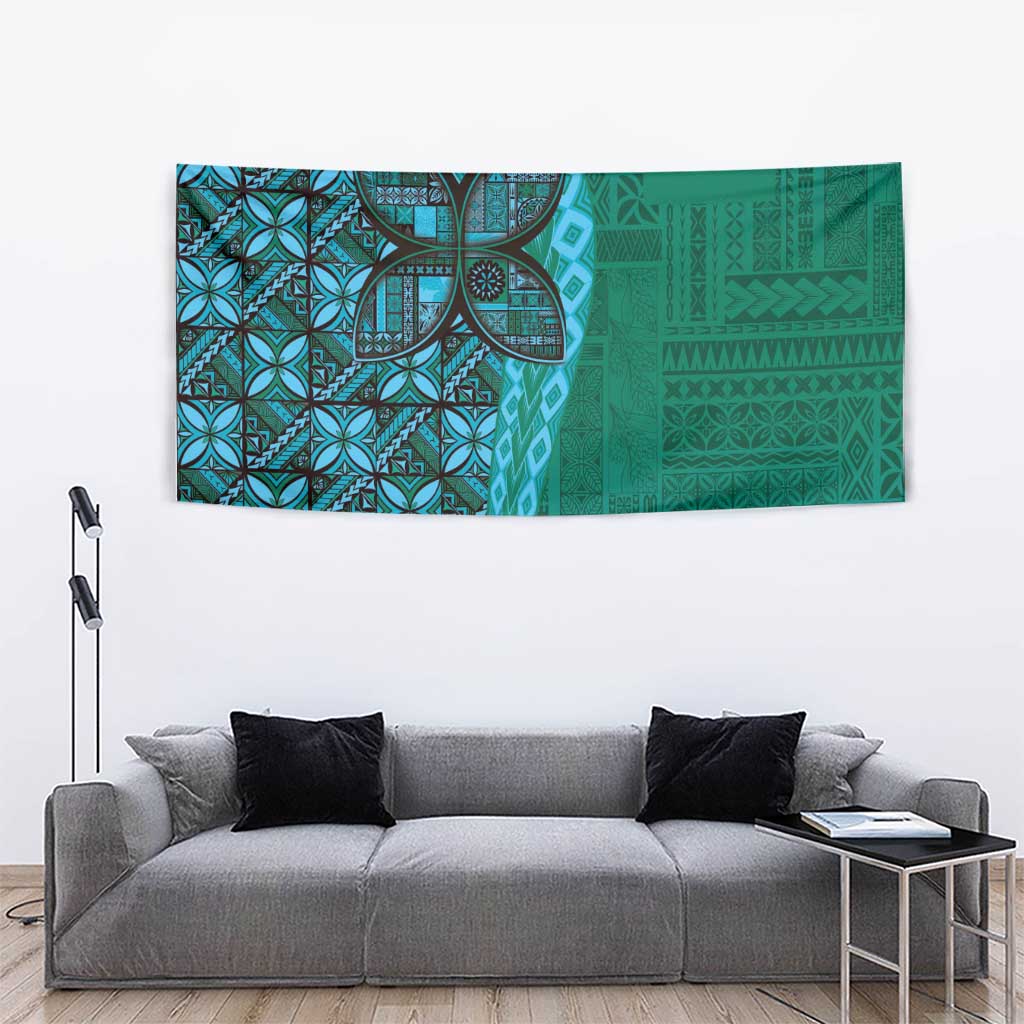 Samoan Pacific Tribal Flower Geometric Art Tattoos Tapestry Siapo Pattern Turquoise Tide - Polynesian Pride