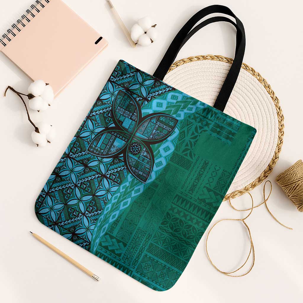 Samoan Pacific Tribal Flower Geometric Art Tattoos Tote Bag Siapo Pattern Turquoise Tide - Polynesian Pride