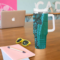 Samoan Pacific Tribal Flower Geometric Art Tattoos Tumbler With Handle Siapo Pattern Turquoise Tide - Polynesian Pride