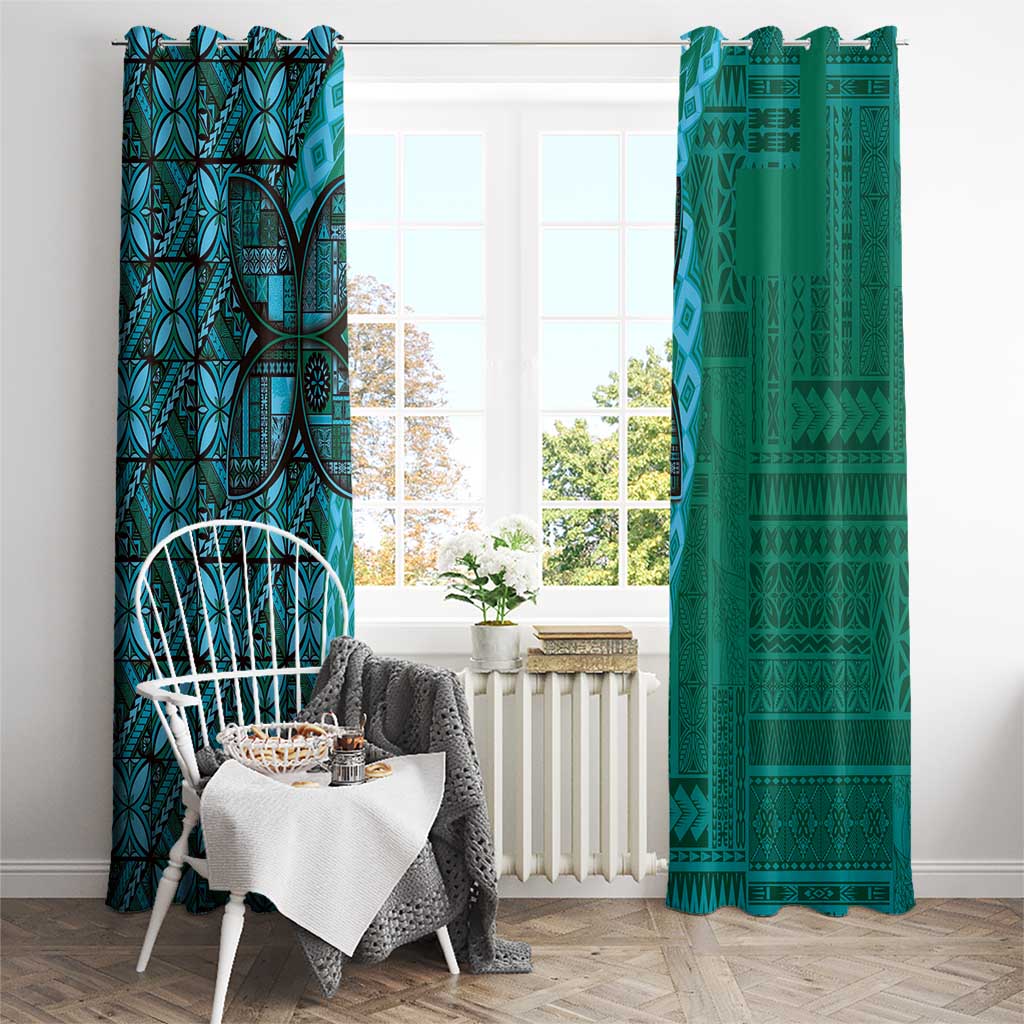 Samoan Pacific Tribal Flower Geometric Art Tattoos Window Curtain Siapo Pattern Turquoise Tide - Polynesian Pride