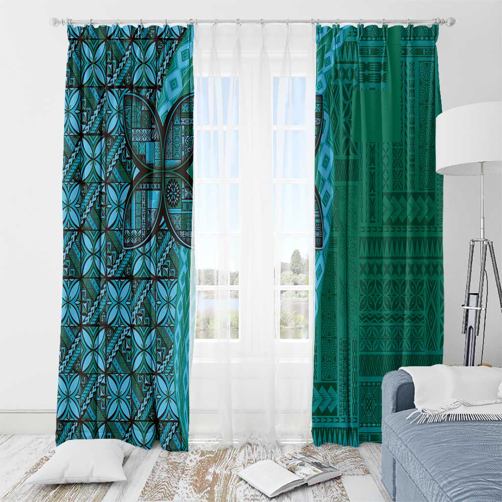 Samoan Pacific Tribal Flower Geometric Art Tattoos Window Curtain Siapo Pattern Turquoise Tide - Polynesian Pride