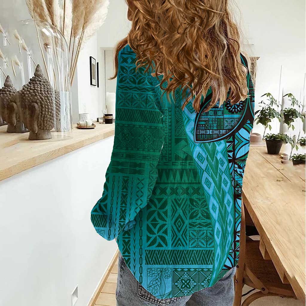 Samoan Pacific Tribal Flower Geometric Art Tattoos Women Casual Shirt Siapo Pattern Turquoise Tide LT03 - Polynesian Pride